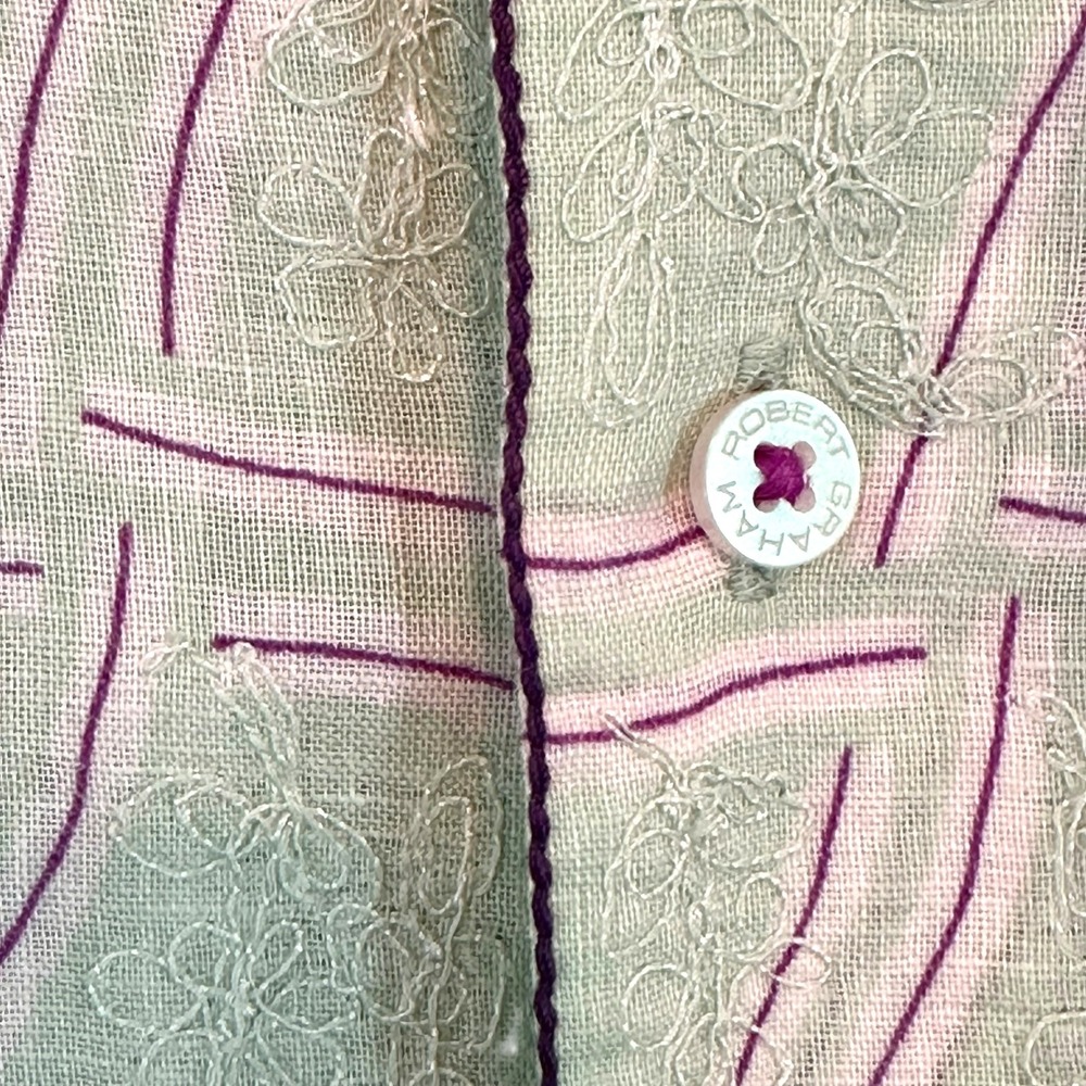 Robert Graham Embroidered Linen Blend Button Down Shirt Green Purple Mens Large - Picture 8 of 15